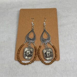 Intricate Silver and Gold Drop Cowboy Hat Earrings